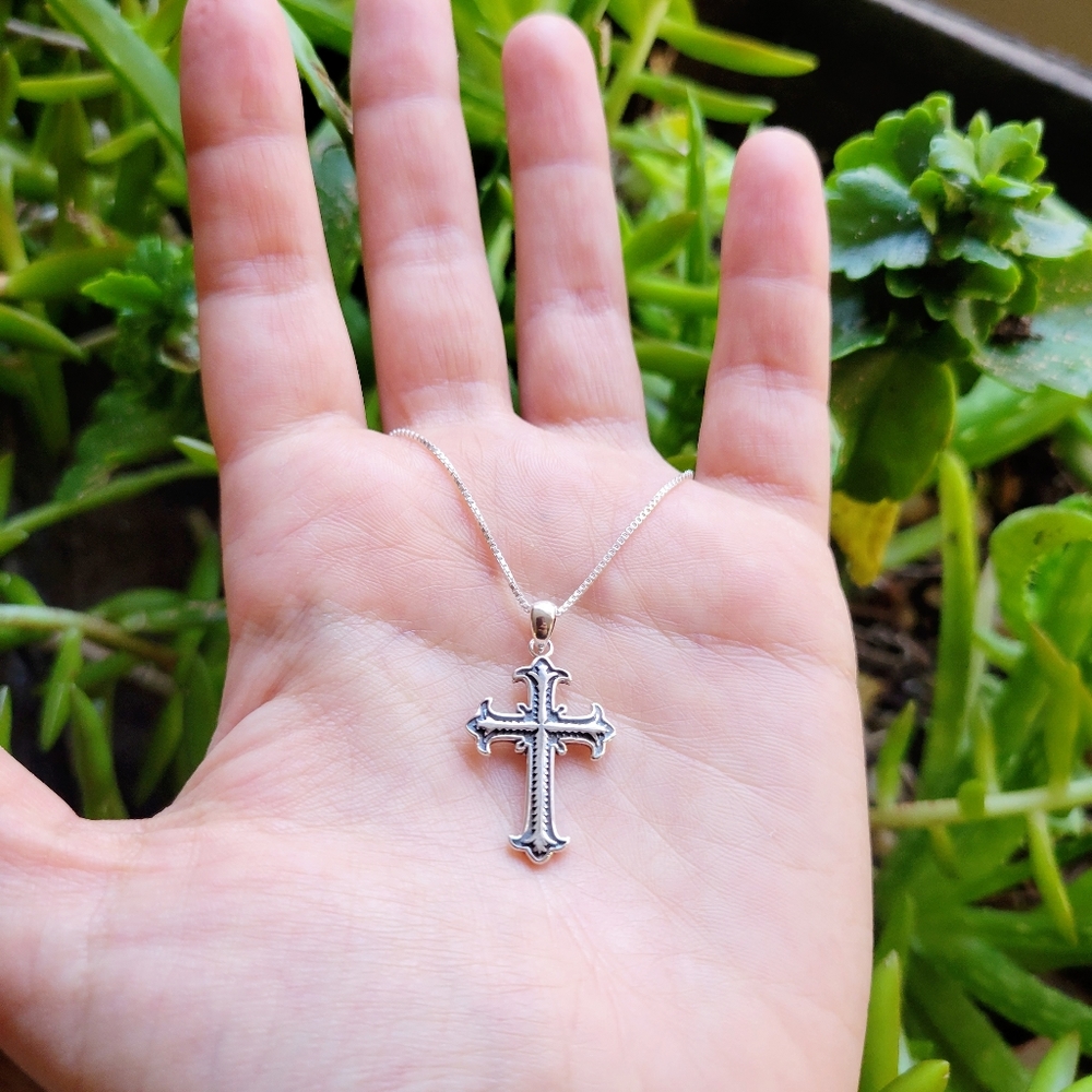New Solid 925 Sterling Silver Ornate Cross Necklace - Picture 7 of 16